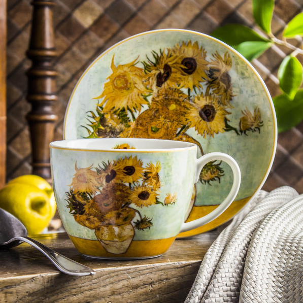 Filiżanka do kawy i herbaty porcelanowa ze spodkiem DUO ART GALLERY SUNFLOWERS BY V. VAN GOGH 470 ml