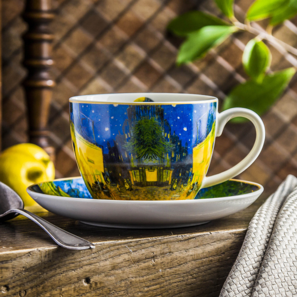 Filiżanka do kawy i herbaty porcelanowa ze spodkiem DUO ART GALLERY TERRACE AT NIGHT BY V. VAN GOGH 470 ml
