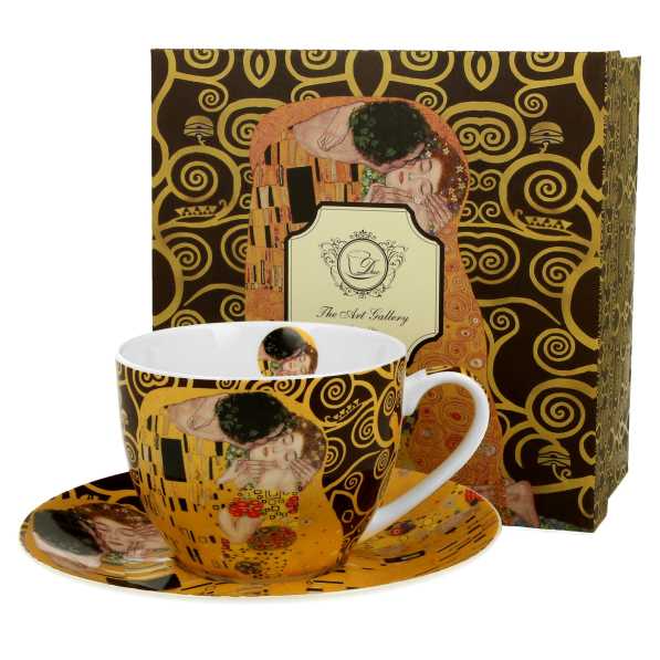 Filiżanka do kawy i herbaty porcelanowa ze spodkiem DUO ART GALLERY THE KISS BROWN BY GUSTAV KLIMT 280 ml