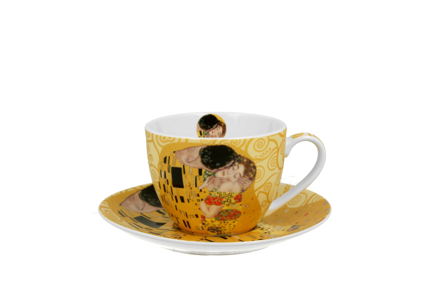 Filiżanka do kawy i herbaty porcelanowa ze spodkiem DUO ART GALLERY THE KISS ECRU BY GUSTAV KLIMT 280 ml