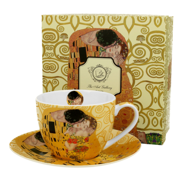 Filiżanka do kawy i herbaty porcelanowa ze spodkiem DUO ART GALLERY THE KISS ECRU BY GUSTAV KLIMT 280 ml