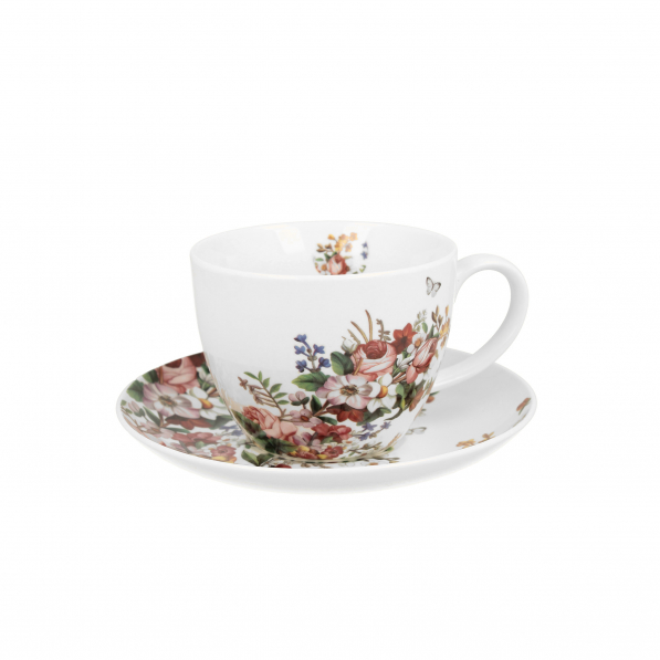 Filiżanka do kawy i herbaty porcelanowa ze spodkiem DUO ART GALLERY VINTAGE FLOWERS WHITE BIAŁA 450 ml