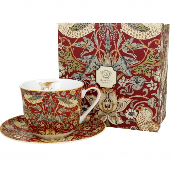 Filiżanka do kawy i herbaty porcelanowa ze spodkiem DUO ART GALLERY WILLIAM MORRIS RED CZERWONA 450 ml