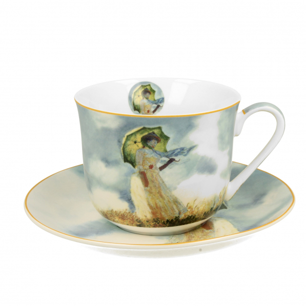 Filiżanka do kawy i herbaty porcelanowa ze spodkiem DUO ART GALLERY WOMAN WITH A PARASOL C. MONET BŁĘKITNA 450 ml