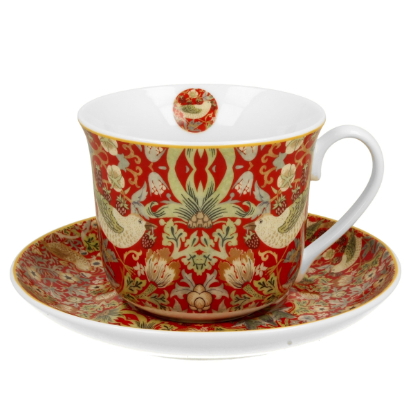 Filiżanka do kawy i herbaty porcelanowa ze spodkiem DUO ART STRAWBERRY THIEF RED BY WILLIAM MORRIS 400 ml