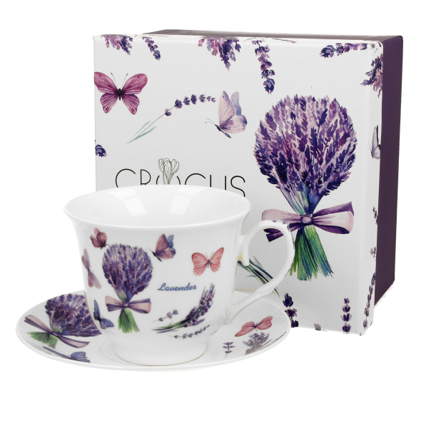 Filiżanka do kawy i herbaty porcelanowa ze spodkiem DUO CROCUS VIOLET 250 ml