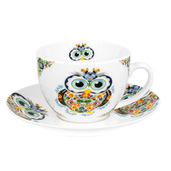 Filiżanka do kawy i herbaty porcelanowa ze spodkiem DUO ETNO SOWA 270 ml