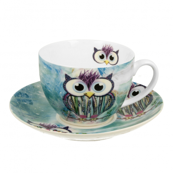 Filiżanka do kawy i herbaty porcelanowa ze spodkiem DUO ETNO SOWA FUNKY 270 ml