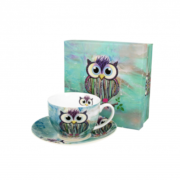 Filiżanka do kawy i herbaty porcelanowa ze spodkiem DUO ETNO SOWA FUNKY 270 ml