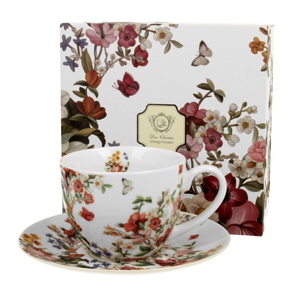 Filiżanka do kawy i herbaty porcelanowa ze spodkiem DUO ETNO VINTAGE FLOWERS WHITE BIAŁA 280 ml