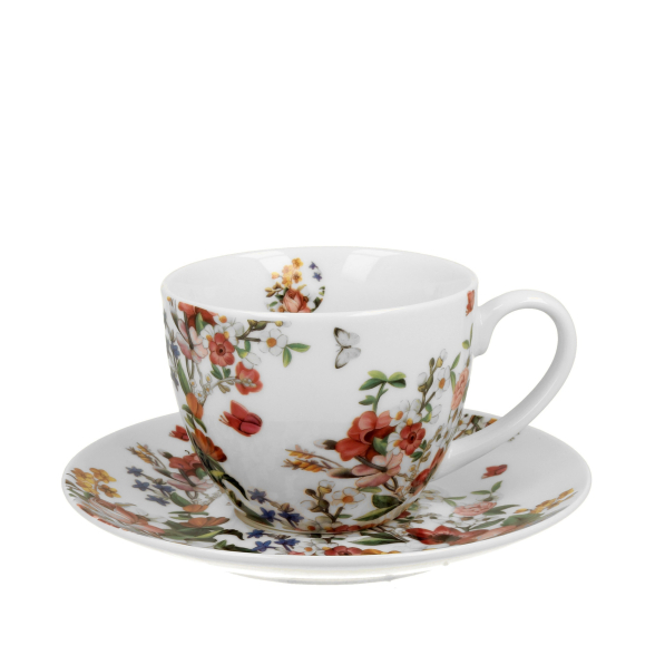 Filiżanka do kawy i herbaty porcelanowa ze spodkiem DUO ETNO VINTAGE FLOWERS WHITE BIAŁA 280 ml