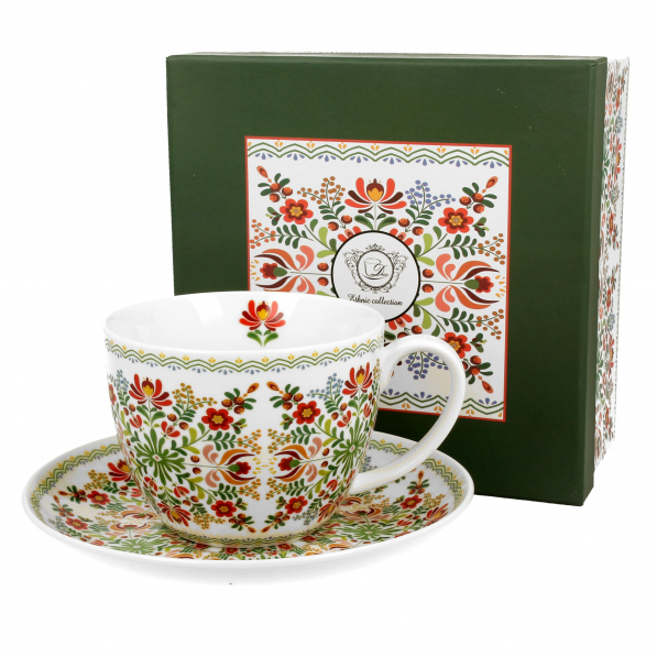 Filiżanka do kawy i herbaty porcelanowa ze spodkiem DUO ETNO WZÓR WĘGIERSKI 470 ml