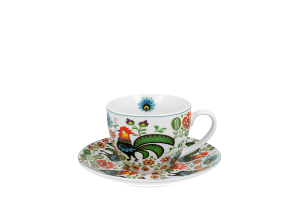 Filiżanka do kawy i herbaty porcelanowa ze spodkiem DUO KOGUTY FOLK 250 ml