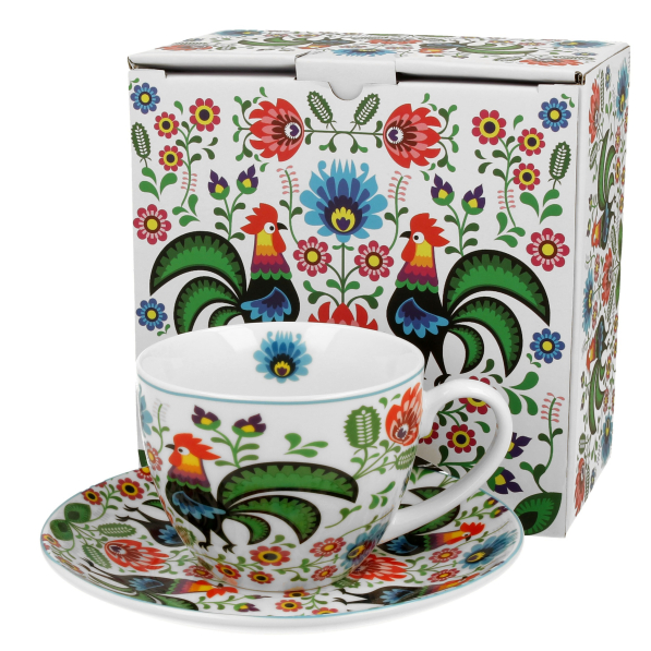 Filiżanka do kawy i herbaty porcelanowa ze spodkiem DUO KOGUTY FOLK 250 ml