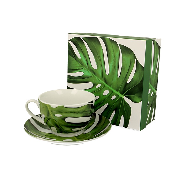 Filiżanka do kawy i herbaty porcelanowa ze spodkiem DUO MONSTERA BIAŁA 250 ml