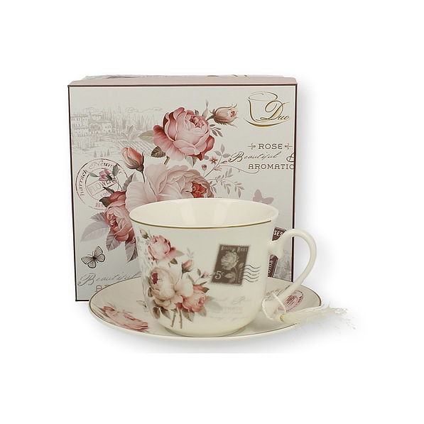 Filiżanka do kawy i herbaty porcelanowa ze spodkiem DUO SECESJA BIAŁA 450 ml