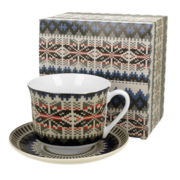 Filiżanka do kawy i herbaty porcelanowa ze spodkiem DUO SWETEREK NIEBIESKI 460 ml