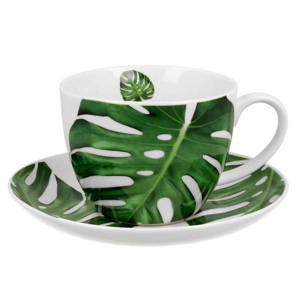 Filiżanka do kawy i herbaty porcelanowa ze spodkiem DUO TROPICAL MONSTERA 470 ml