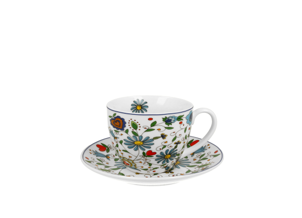 Filiżanka do kawy i herbaty porcelanowa ze spodkiem DUO WZÓR KASZUBSKI 250 ml