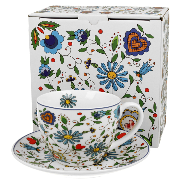 Filiżanka do kawy i herbaty porcelanowa ze spodkiem DUO WZÓR KASZUBSKI 250 ml