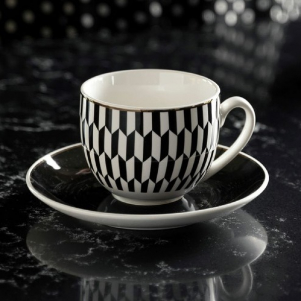 Filiżanka do kawy i herbaty porcelanowa ze spodkiem FLORINA BLACK AVENUE CHANELLA 240 ml