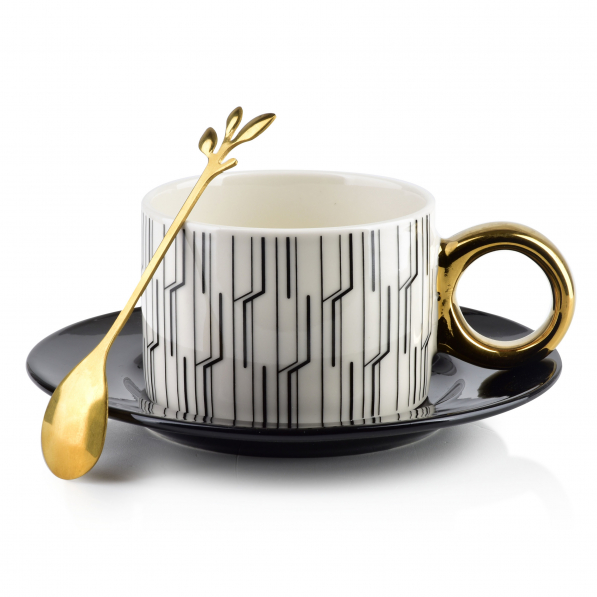Filiżanka do kawy i herbaty porcelanowa ze spodkiem i łyżeczką AFFEK DESIGN KENDAL 230 ml