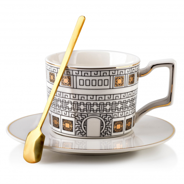 Filiżanka do kawy i herbaty porcelanowa ze spodkiem i łyżeczką AFFEK DESIGN OTIS 220 ml