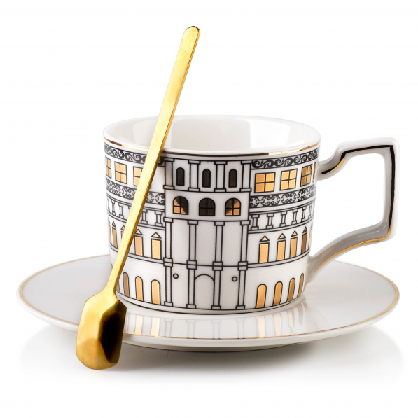 Filiżanka do kawy i herbaty porcelanowa ze spodkiem i łyżeczką AFFEK DESIGN OTIS 220 ml