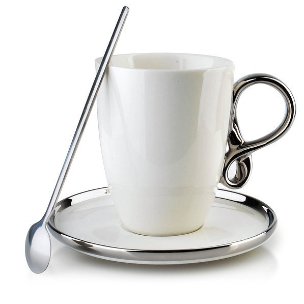 Filiżanka do kawy i herbaty porcelanowa ze spodkiem i łyżeczką INFINITY SILVER BIAŁA 220 ml