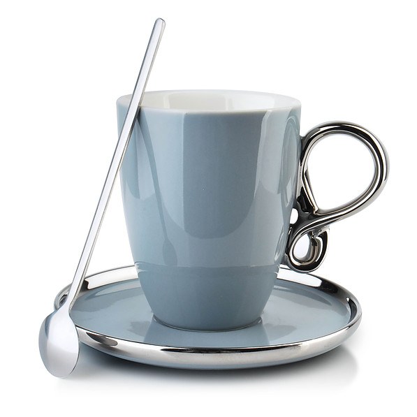 Filiżanka do kawy i herbaty porcelanowa ze spodkiem i łyżeczką INFINITY SILVER SZARA 220 ml