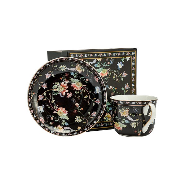 Filiżanka do kawy i herbaty porcelanowa ze spodkiem ŁĄKOWE KWIATY CZARNA 400 ml