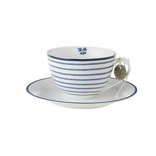 Filiżanka do kawy i herbaty porcelanowa ze spodkiem LAURA ASHLEY CANDY STRIPE BIAŁA 250 ml