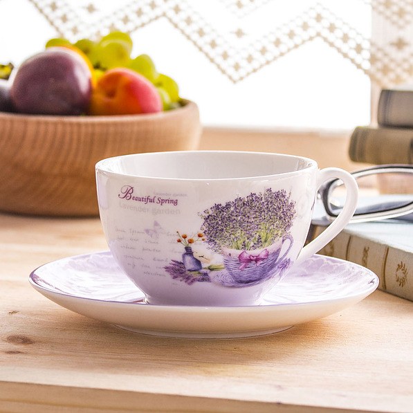 Filiżanka do kawy i herbaty porcelanowa ze spodkiem DUO LAVANDER BIAŁA 250 ml
