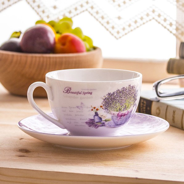 Filiżanka do kawy i herbaty porcelanowa ze spodkiem DUO LAVANDER BIAŁA 250 ml