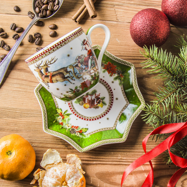 Filiżanka do kawy i herbaty porcelanowa ze spodkiem MAGIC CHRISTMAS BIAŁO ZIELONA 250 ml