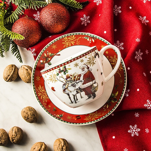 Filiżanka do kawy i herbaty porcelanowa ze spodkiem MAGIC CHRISTMAS CUP BIAŁA 400 ml