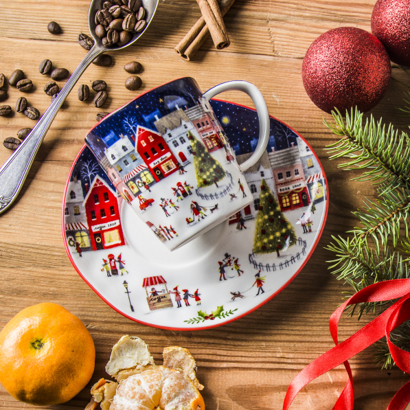 Filiżanka do kawy i herbaty porcelanowa ze spodkiem NEW X-MASS TOWN BIAŁO-GRANATOWA 250 ml 