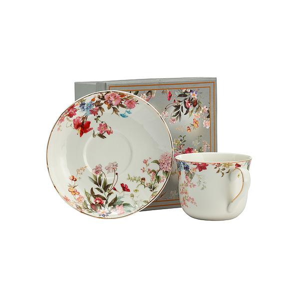 Filiżanka do kawy i herbaty porcelanowa ze spodkiem WIOSENNE KWIATY BIAŁA 400 ml