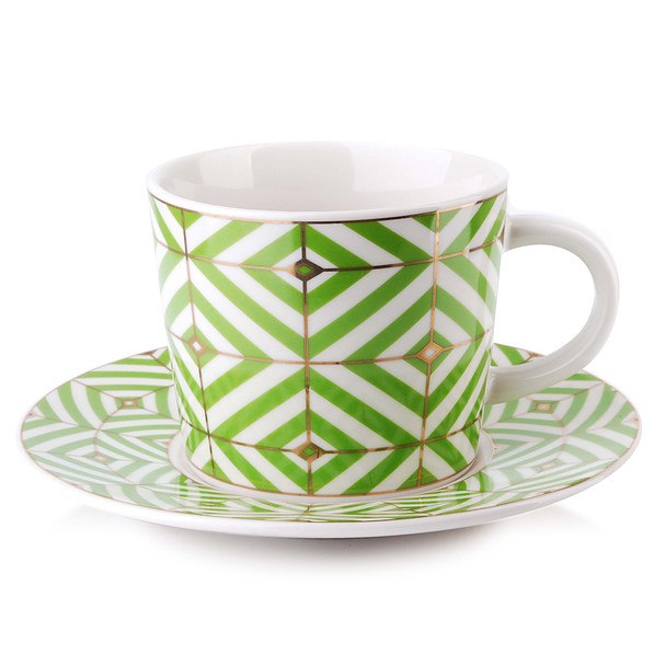 Filiżanka do kawy i herbaty porcelanowa ze spodkiem AFFEK DESIGN ZOE GREEN BIAŁA 240 ml