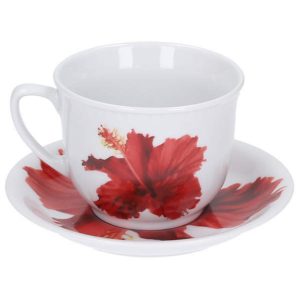 Filiżanka do kawy i herbaty porcelanowa ze spodkiem LUBIANA WIEDEŃ HIBISKUS BIAŁA 300 ml