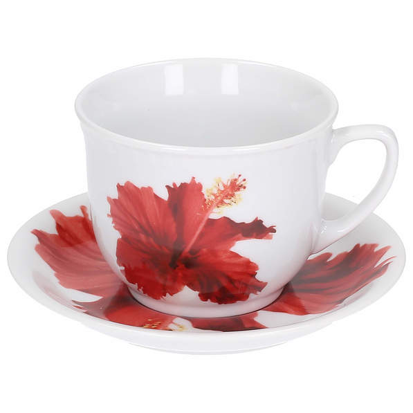 Filiżanka do kawy i herbaty porcelanowa ze spodkiem LUBIANA WIEDEŃ HIBISKUS BIAŁA 300 ml