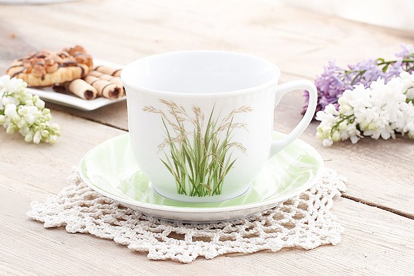 Filiżanka do kawy i herbaty porcelanowa ze spodkiem LUBIANA WIEDEŃ TRAWA BIAŁA 300 ml