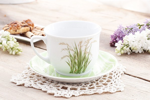 Filiżanka do kawy i herbaty porcelanowa ze spodkiem LUBIANA WIEDEŃ TRAWA BIAŁA 300 ml
