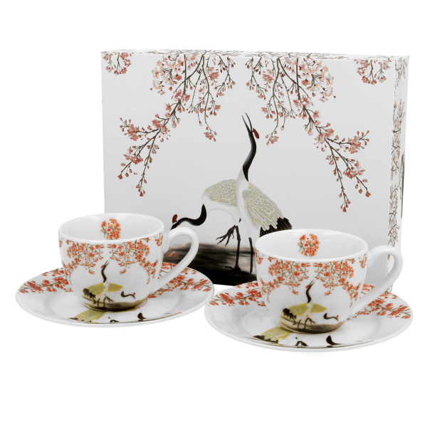 Filiżanki do espresso porcelanowe ze spodkami DUO ART GALLERY SAKURA I ŻURAWIE 110 ml 2 szt.