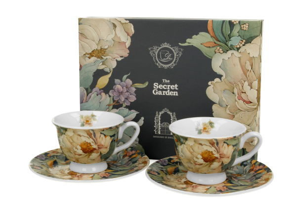 Filiżanki do espresso porcelanowe ze spodkami DUO THE SECRET GARDEN PEONY BLUE 100 ml 2 szt.