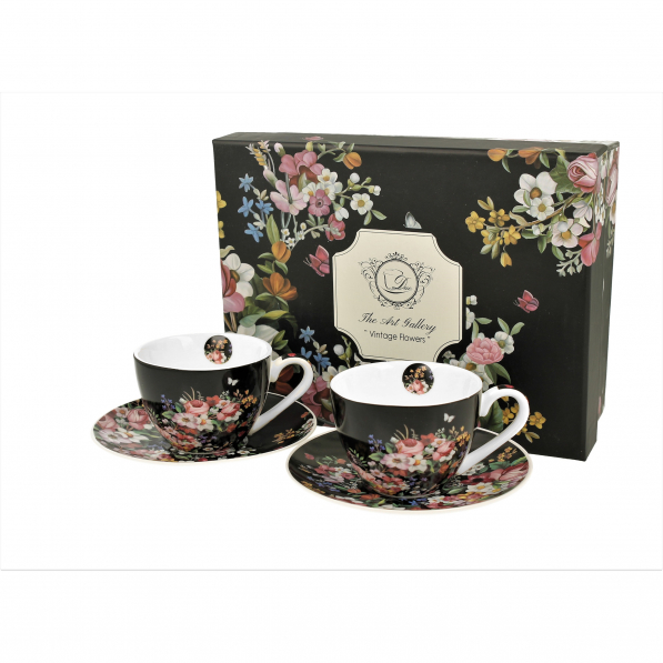 Filiżanki do kawy i herbaty porcelanowe ze spodkami DUO ART GALLERY VINTAGE FLOWERS BLACK CZARNE 90 ml 2 szt.
