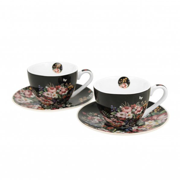 Filiżanki do kawy i herbaty porcelanowe ze spodkami DUO ART GALLERY VINTAGE FLOWERS BLACK CZARNE 90 ml 2 szt.