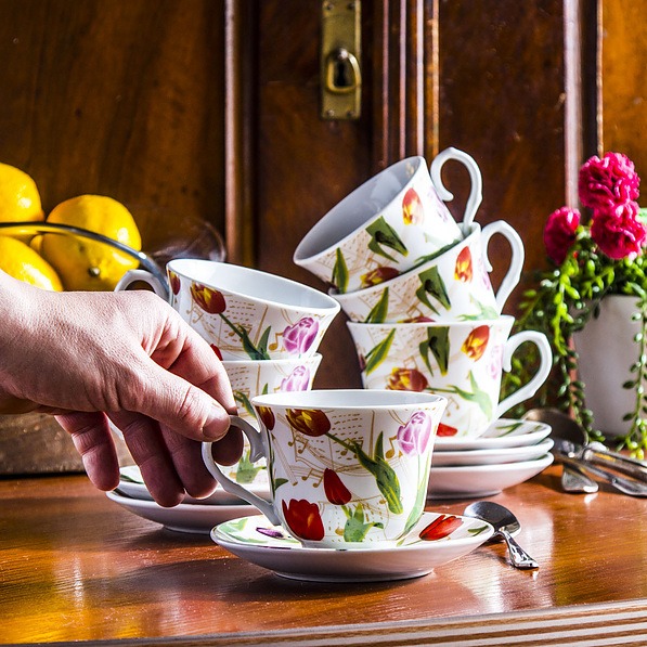 Filiżanki do kawy i herbaty ceramiczne ze spodkami FLOWERS BIAŁE 250 ml 6 szt. 