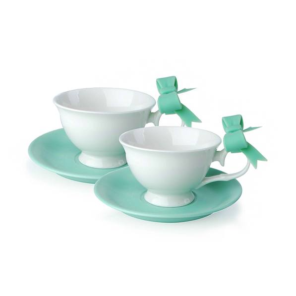 Filiżanki do kawy i herbaty porcelanowe ze spodkami AFFEK DESIGN KOKARDA MIĘTOWE 210 ml 2 szt.