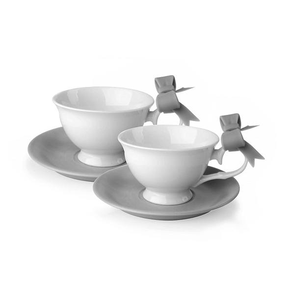 Filiżanki do kawy i herbaty porcelanowe ze spodkami AFFEK DESIGN KOKARDA SZARE 210 ml 2 szt.